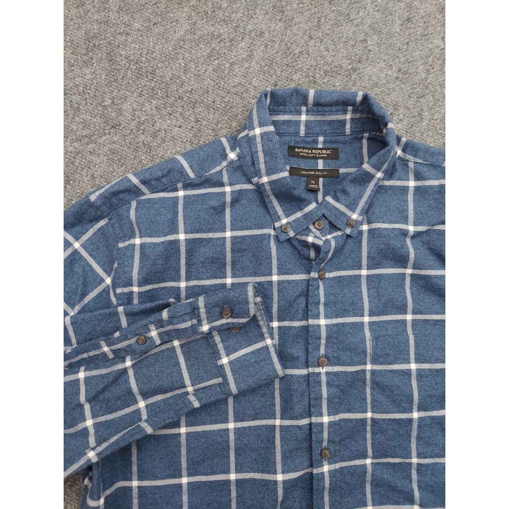 Banana Republic Flannel Shirt Mens XL Blue Plaid Untucked Slim Fit Long Sleeve